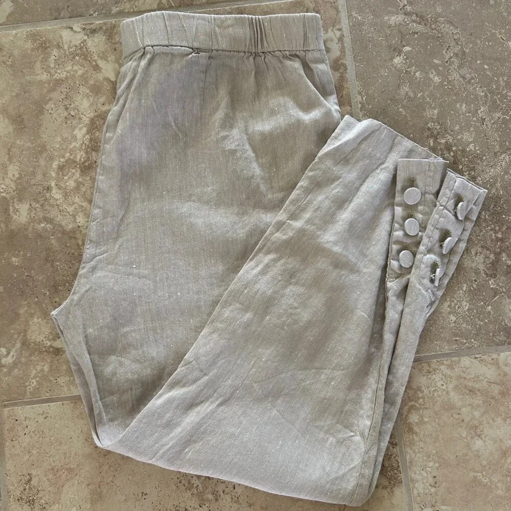 J Jill Linen Cropped Pants Side Zip Button Hem Neutral Summer Stretch Casual SZM - Picture 2 of 7